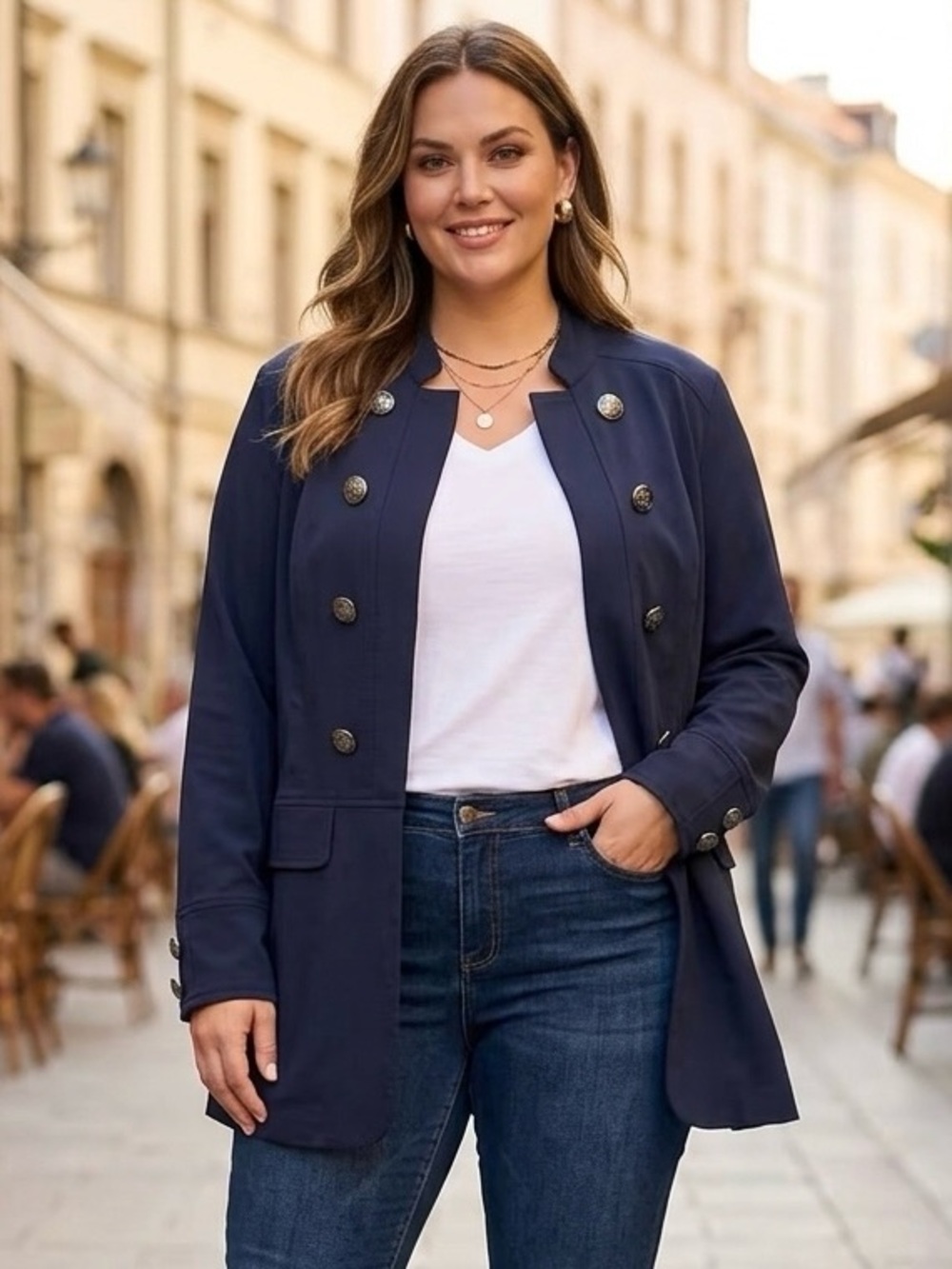 Roz & Ali Navy Blue Military Band Jacket Blazer Plus Size 2X Ornate Buttons